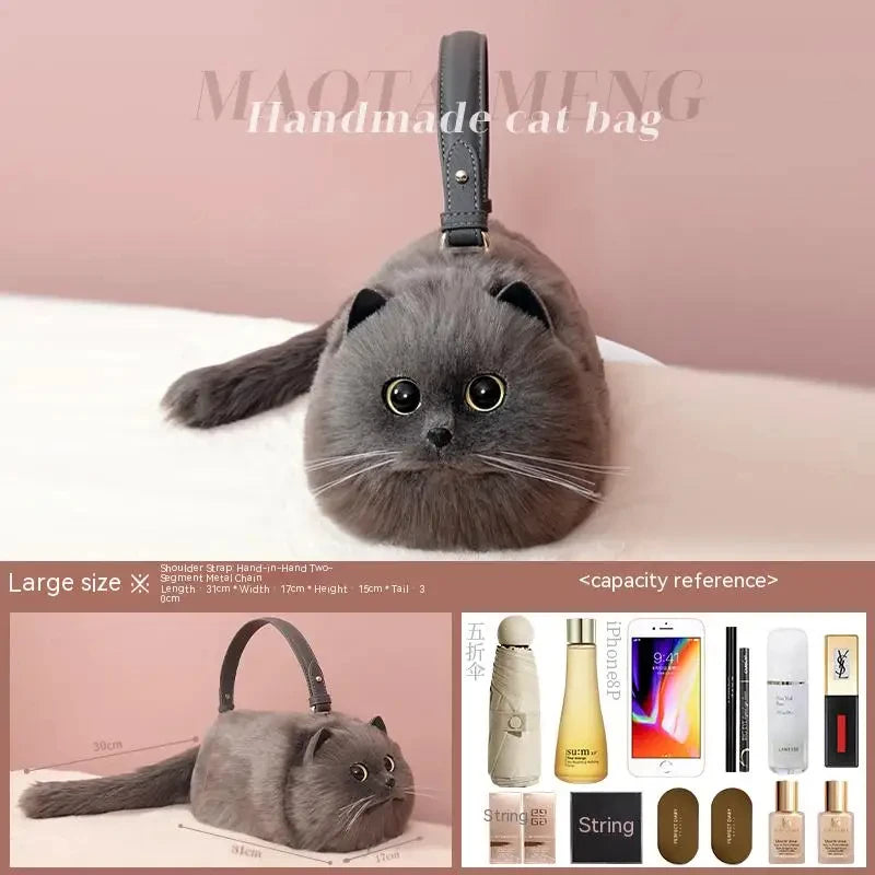 Monika Plush Cute Cat Bag Women Harajuku Animal Circular Fur Soft Kawaii Hand Bag