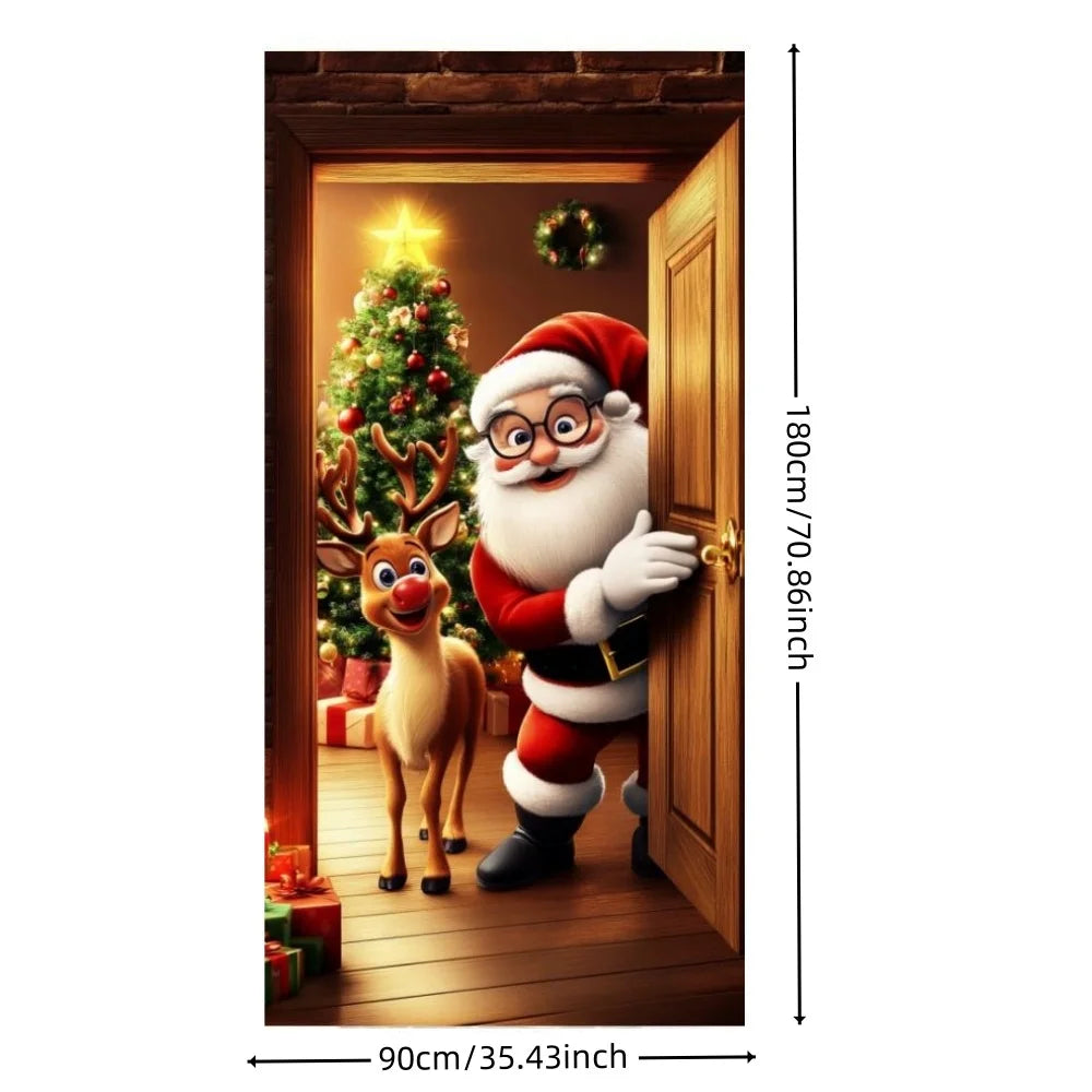 Christmas Door Cover Merry Christmas Background Banner Xmas Fabric Door Banner Photography Hanging Cover Photo Booth Props Decor