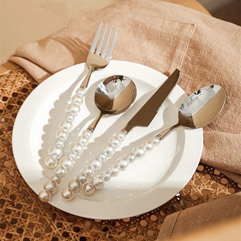 Trendy European Silver Fashion Pearl Cutlery Set 18/10 Stainless Steel Creativity Gift Flatware , Knife Fork Spoon, high quality