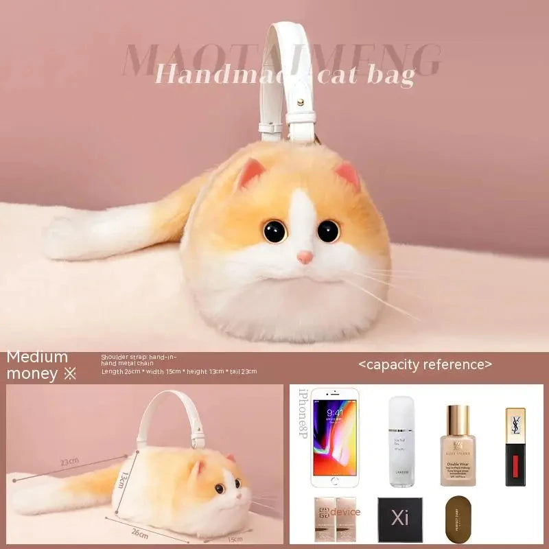 Monika Plush Cute Cat Bag Women Harajuku Animal Circular Fur Soft Kawaii Hand Bag