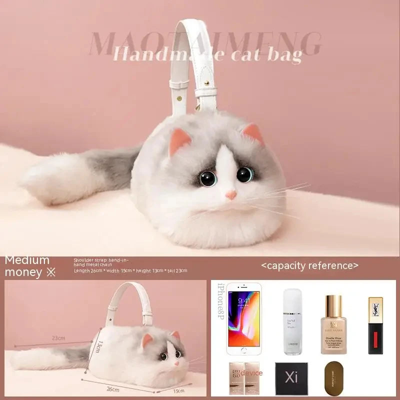 Monika Plush Cute Cat Bag Women Harajuku Animal Circular Fur Soft Kawaii Hand Bag