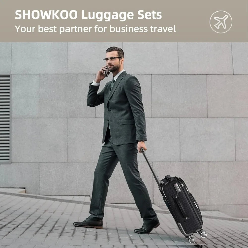 SHOWKOO Luggage Sets 3 Piece Softside Expandable Lightweight & Durable Suitcase Sets Double Spinner Wheels TSA Lock (20in/24in/28in)  MADE IN USA