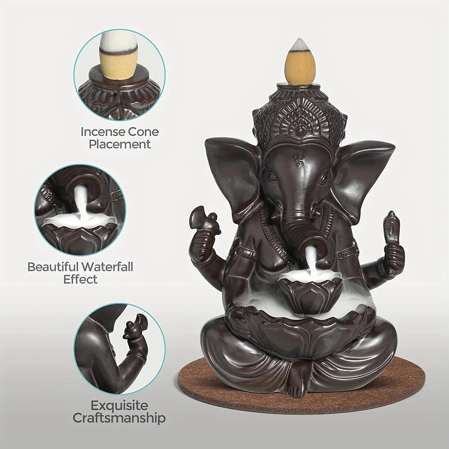 Ganesha Waterfall Incense Burner, Ceramic Backflow Censer Incense Holder, Yoga Aromatherapy Elephant Ornament Home Decor