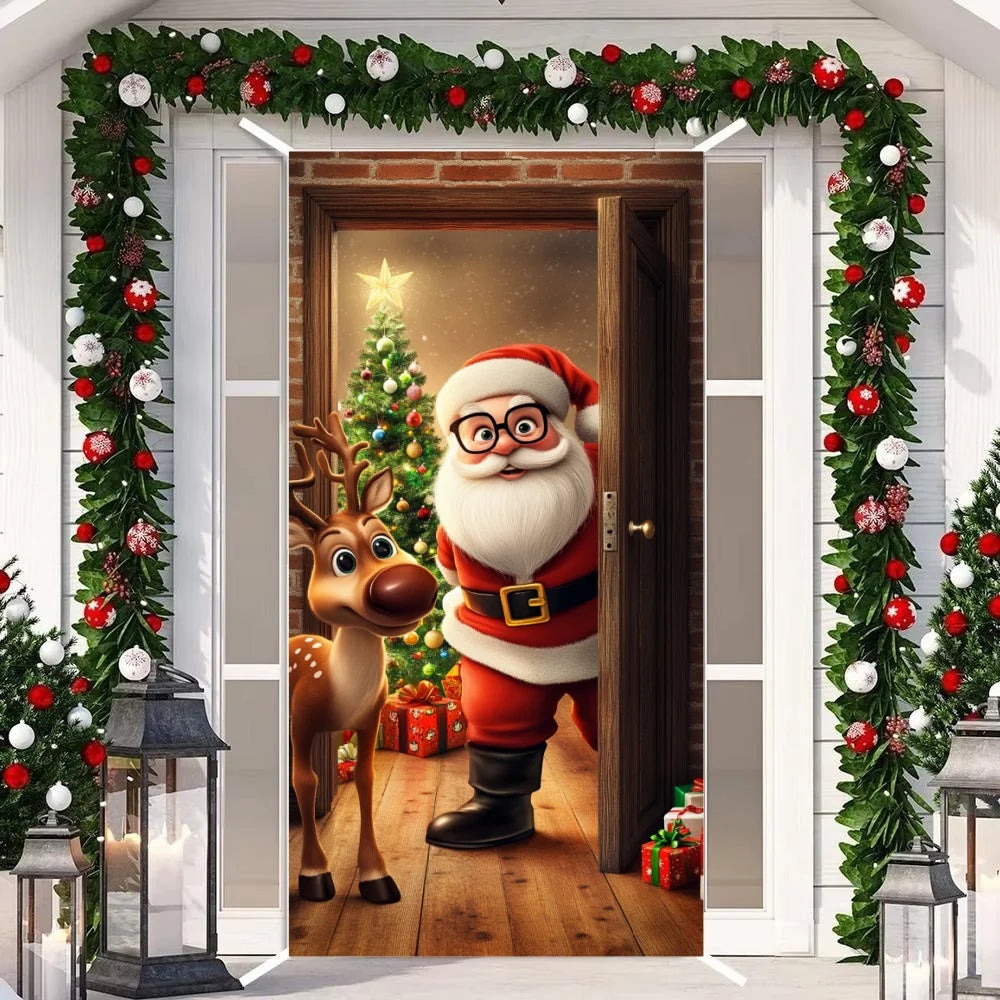 Christmas Door Cover Merry Christmas Background Banner Xmas Fabric Door Banner Photography Hanging Cover Photo Booth Props Decor