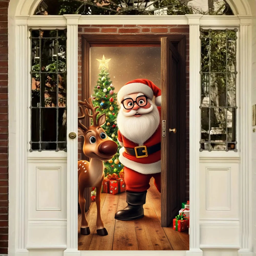 Christmas Door Cover Merry Christmas Background Banner Xmas Fabric Door Banner Photography Hanging Cover Photo Booth Props Decor