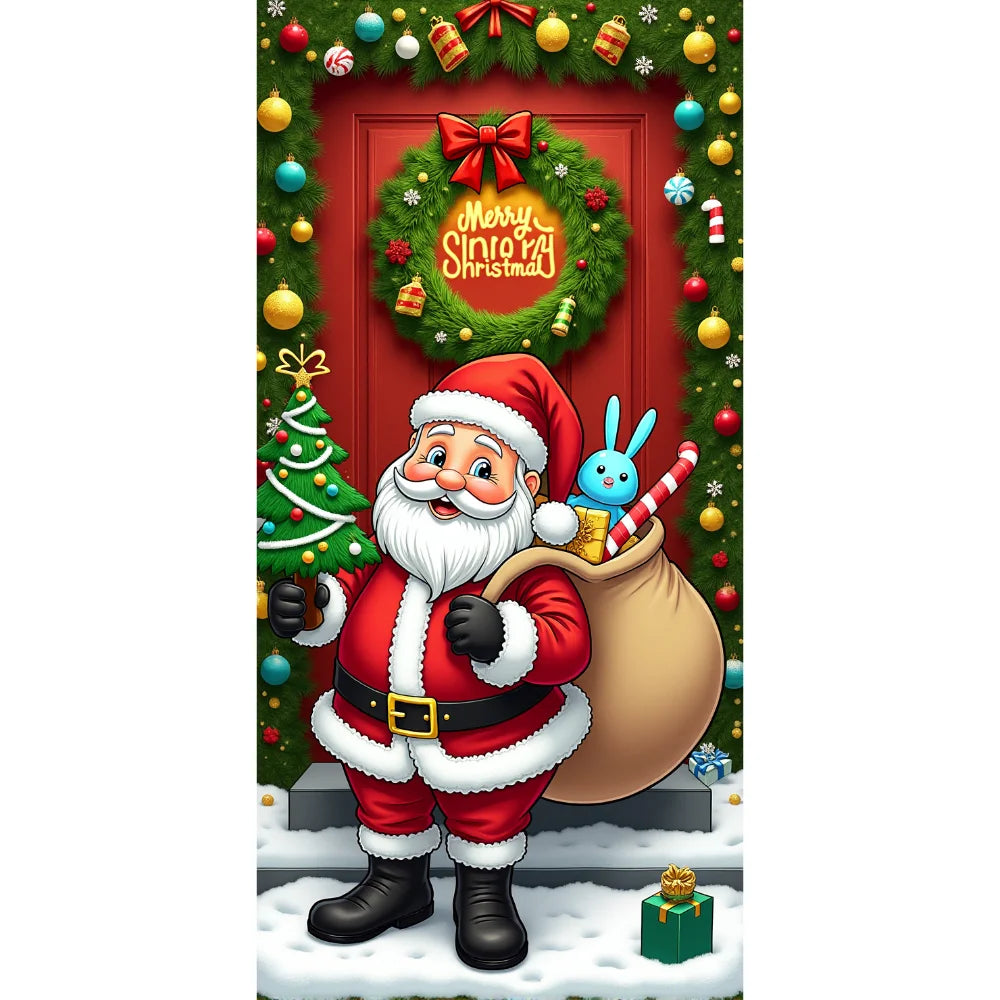 Christmas Door Cover Merry Christmas Background Banner Xmas Fabric Door Banner Photography Hanging Cover Photo Booth Props Decor