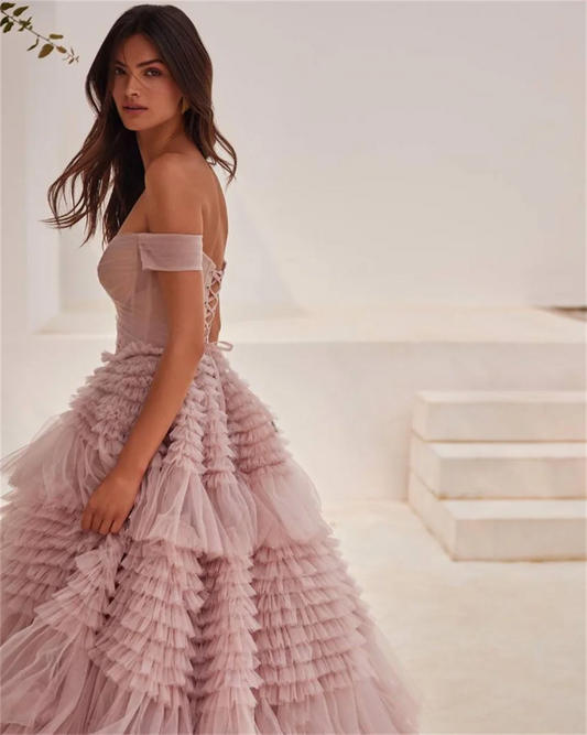 Cathy Elegant Off Shoulder Tulle Prom Dress – Long Train Ball Gown Mesh Layered Evening Dress