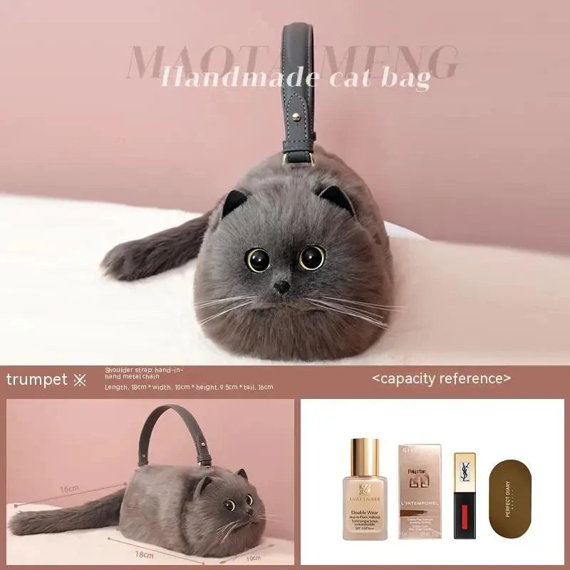 Monika Plush Cute Cat Bag Women Harajuku Animal Circular Fur Soft Kawaii Hand Bag