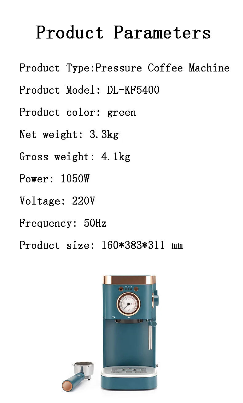 Coffee Machine Household Small Italian Semi-automatic Steam Milk Brewing Pressure Coffee Machine 220V 1050W 1.2L