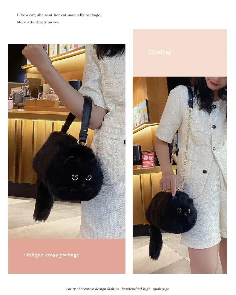 Monika Plush Cute Cat Bag Women Harajuku Animal Circular Fur Soft Kawaii Hand Bag