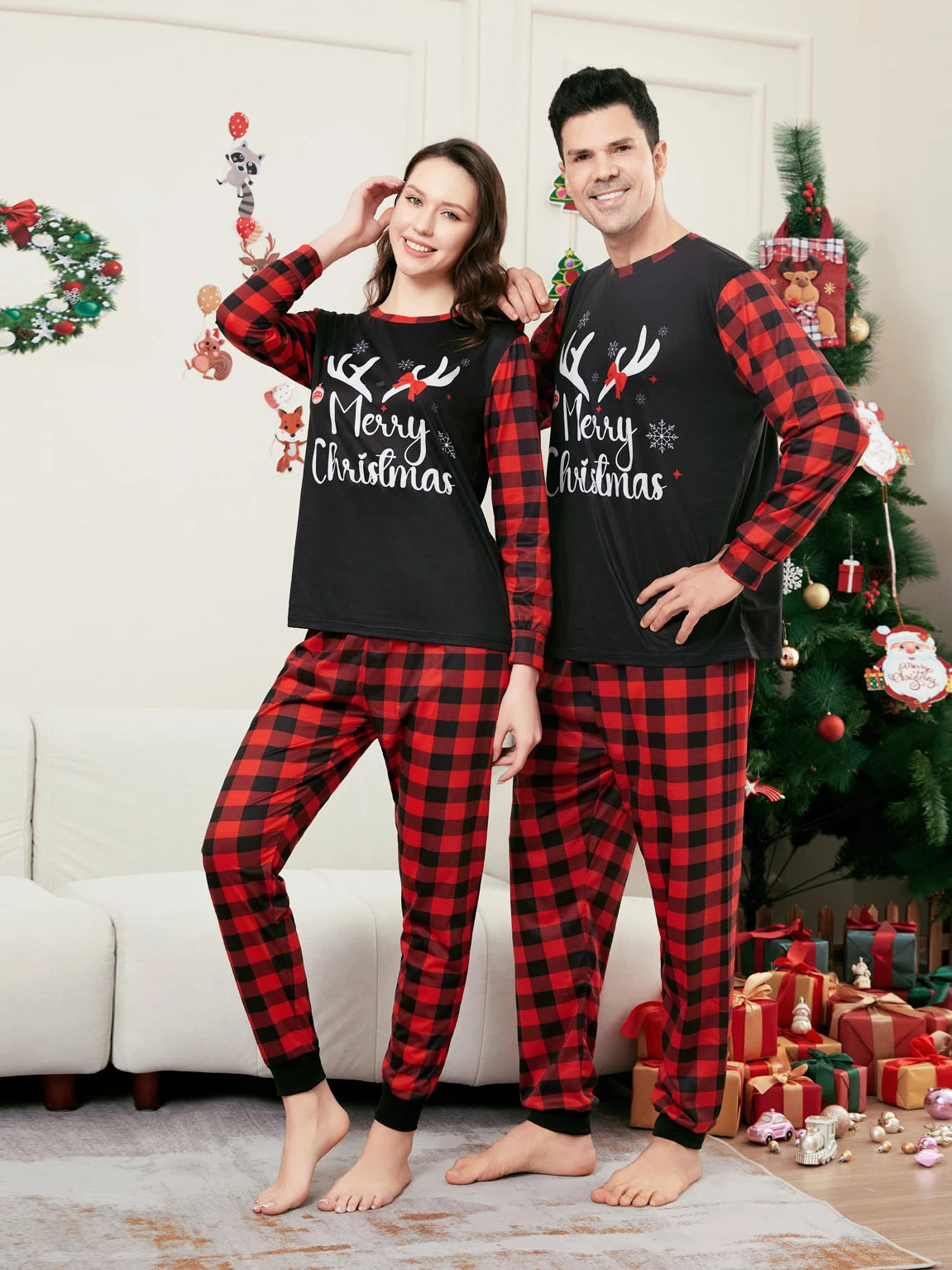 Merry Christmas Cartoon Pattern Mom Dad Kids Matching Pajamas Set 2 Pieces Suit Baby Romper Soft Loose Xmas Family Look Pyjamas