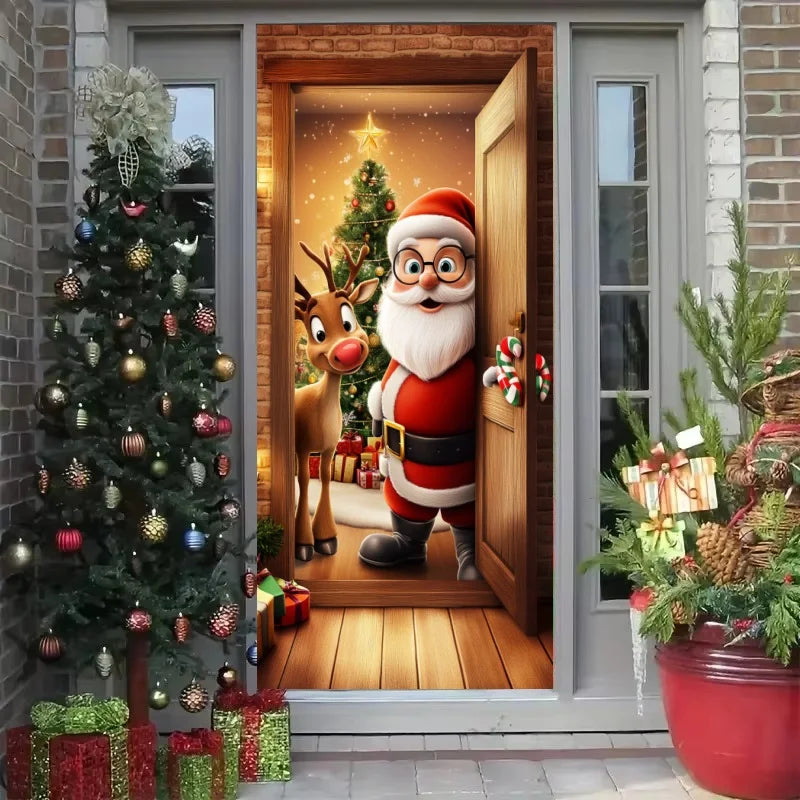 Christmas Door Cover Merry Christmas Background Banner Xmas Fabric Door Banner Photography Hanging Cover Photo Booth Props Decor