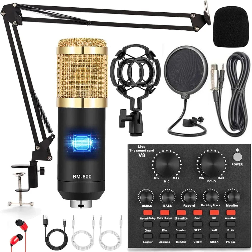 BM800 V8 Sound Card Kits Professional Audio Mixer Condenser Mic Studio Singing Microphone for Karaoke Podcast Recording Live