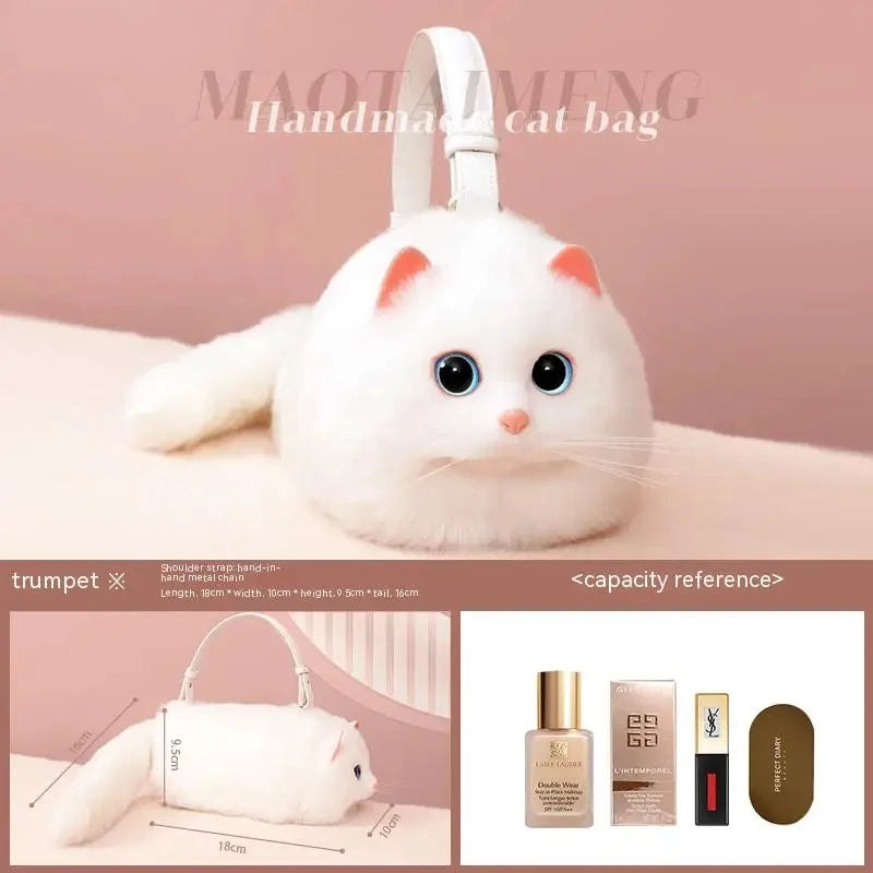 Monika Plush Cute Cat Bag Women Harajuku Animal Circular Fur Soft Kawaii Hand Bag