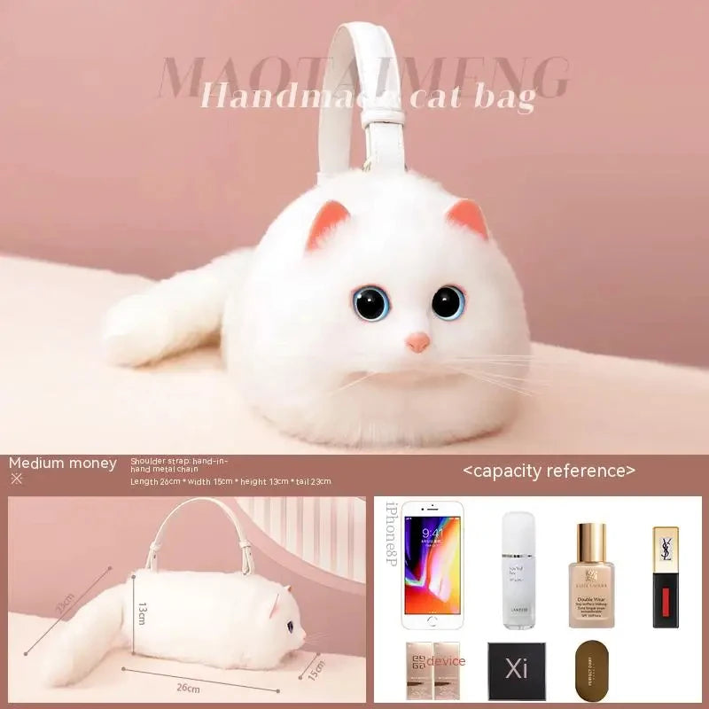 Monika Plush Cute Cat Bag Women Harajuku Animal Circular Fur Soft Kawaii Hand Bag