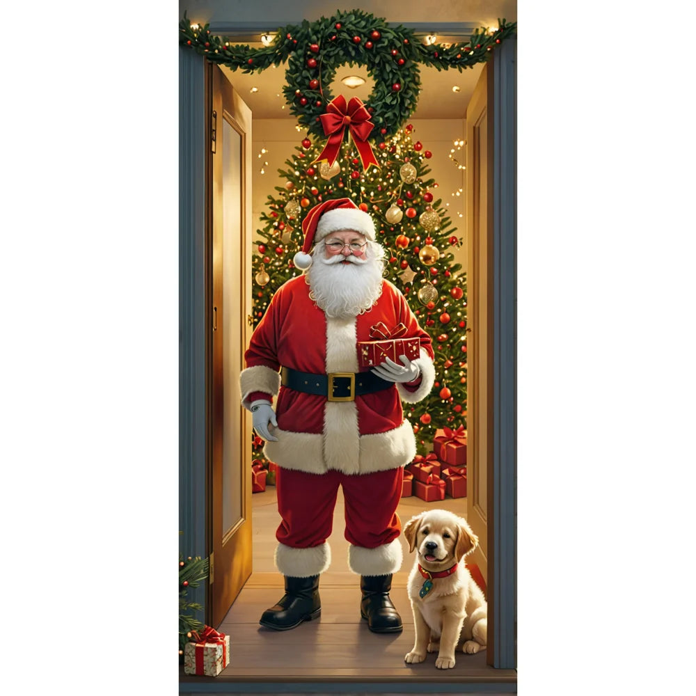 Santa Claus Christmas Tree Door Cover -185x90cm Festive Holiday Decoration Versatile Hanging for Entrance and Room