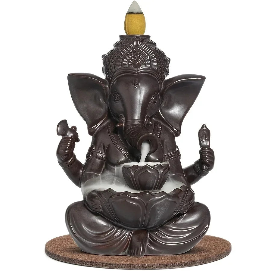 Ganesha Waterfall Incense Burner, Ceramic Backflow Censer Incense Holder, Yoga Aromatherapy Elephant Ornament Home Decor