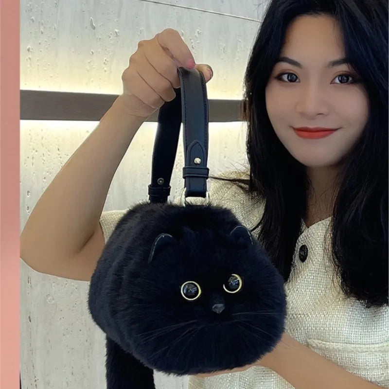 Monika Plush Cute Cat Bag Women Harajuku Animal Circular Fur Soft Kawaii Hand Bag