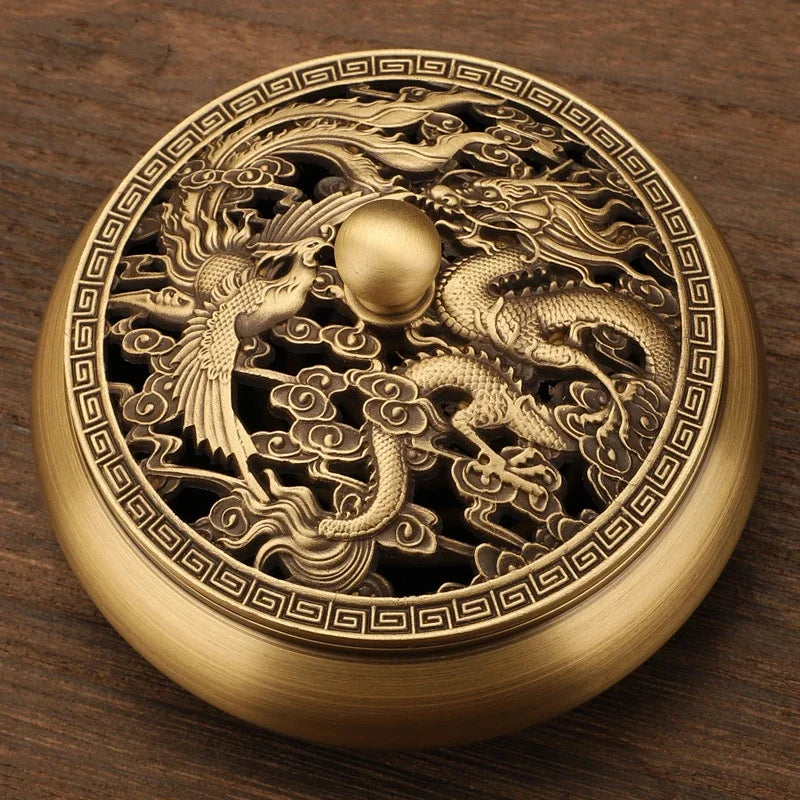 Beautiful Dragon and Phoenix Carved Copper Incense Burner. Crafted from high-quality brass