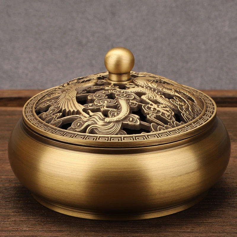 Beautiful Dragon and Phoenix Carved Copper Incense Burner. Crafted from high-quality brass