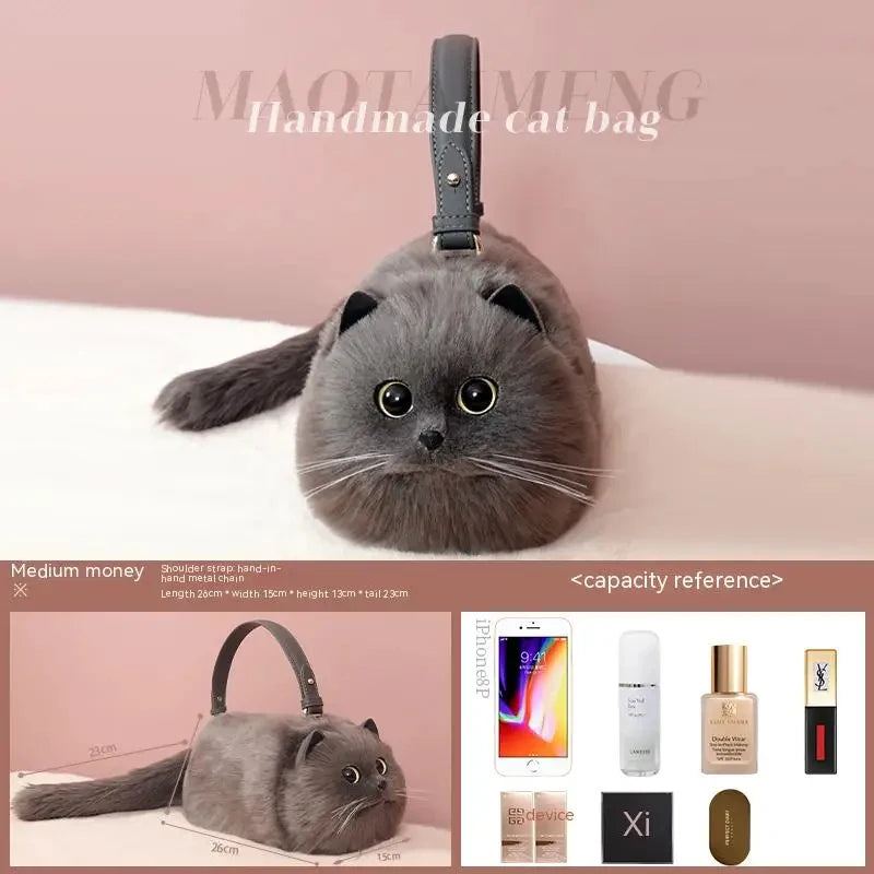 Monika Plush Cute Cat Bag Women Harajuku Animal Circular Fur Soft Kawaii Hand Bag