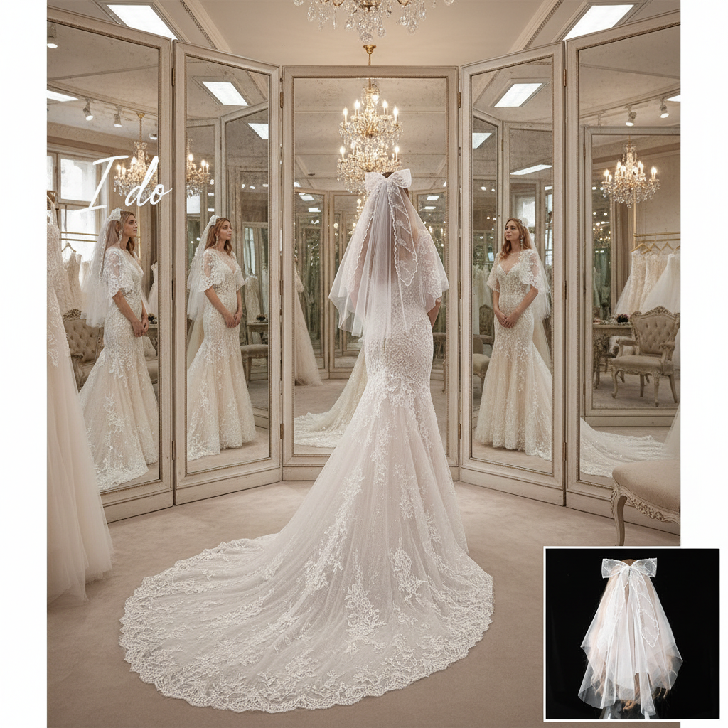 Luxury Ribbon Big Bow White Veil Hair Comb Wedding Bride