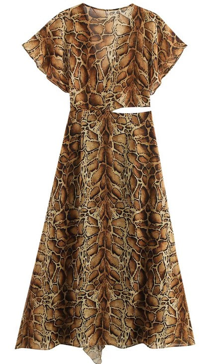 Women front slit cut-out animal print ruffled midi dress