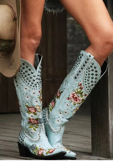 Flower Embroidered Western Cowgirl Boots