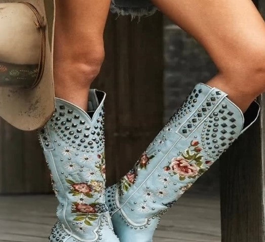 Flower Embroidered Western Cowgirl Boots