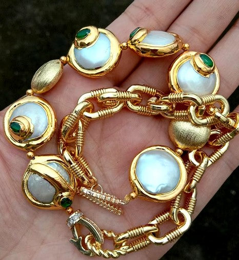 24K gold plated chain, freshwater pearl with an electroplated edge