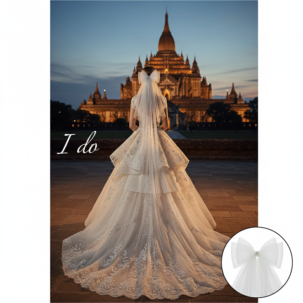 Luxury Ribbon Big Bow White Veil Hair Comb Wedding Bride
