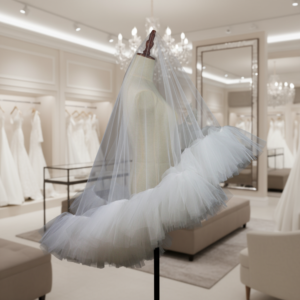 Heavy White Ruffled Bridal Veil – Double Layer Puffy Tulle, Soft Wedding Veil for Studio & Outdoor Photography