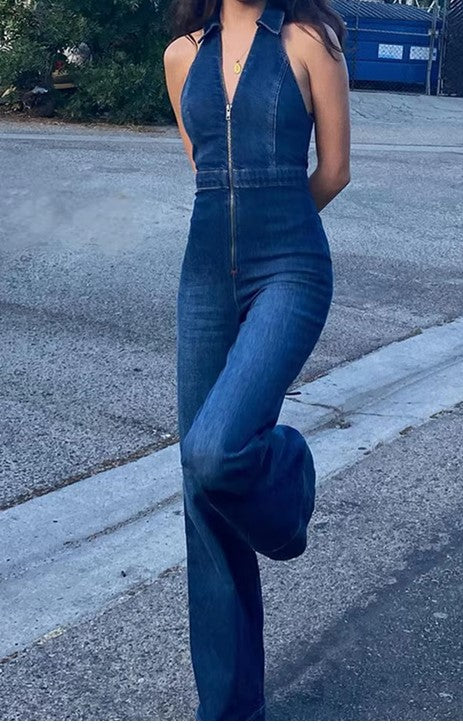 Denim Jumpsuit V Neck, Zipper Bell Sleeveless, Elegant Backpacker,Party wear