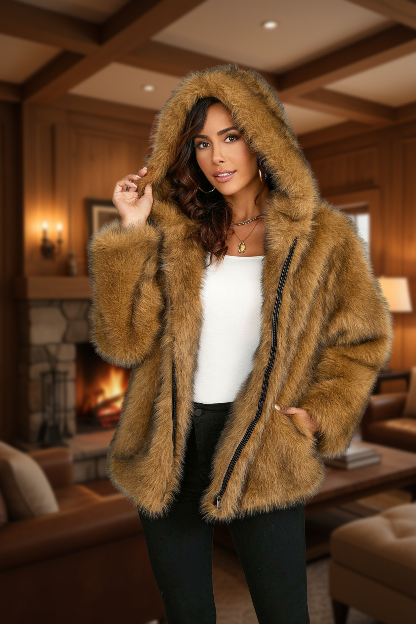 Faux Fur Hooded Coat – Solid Color Short Collar Loose Fit Winter Jacket | USA & Canada