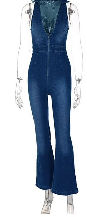 Denim Jumpsuit V Neck, Zipper Bell Sleeveless, Elegant Backpacker,Party wear