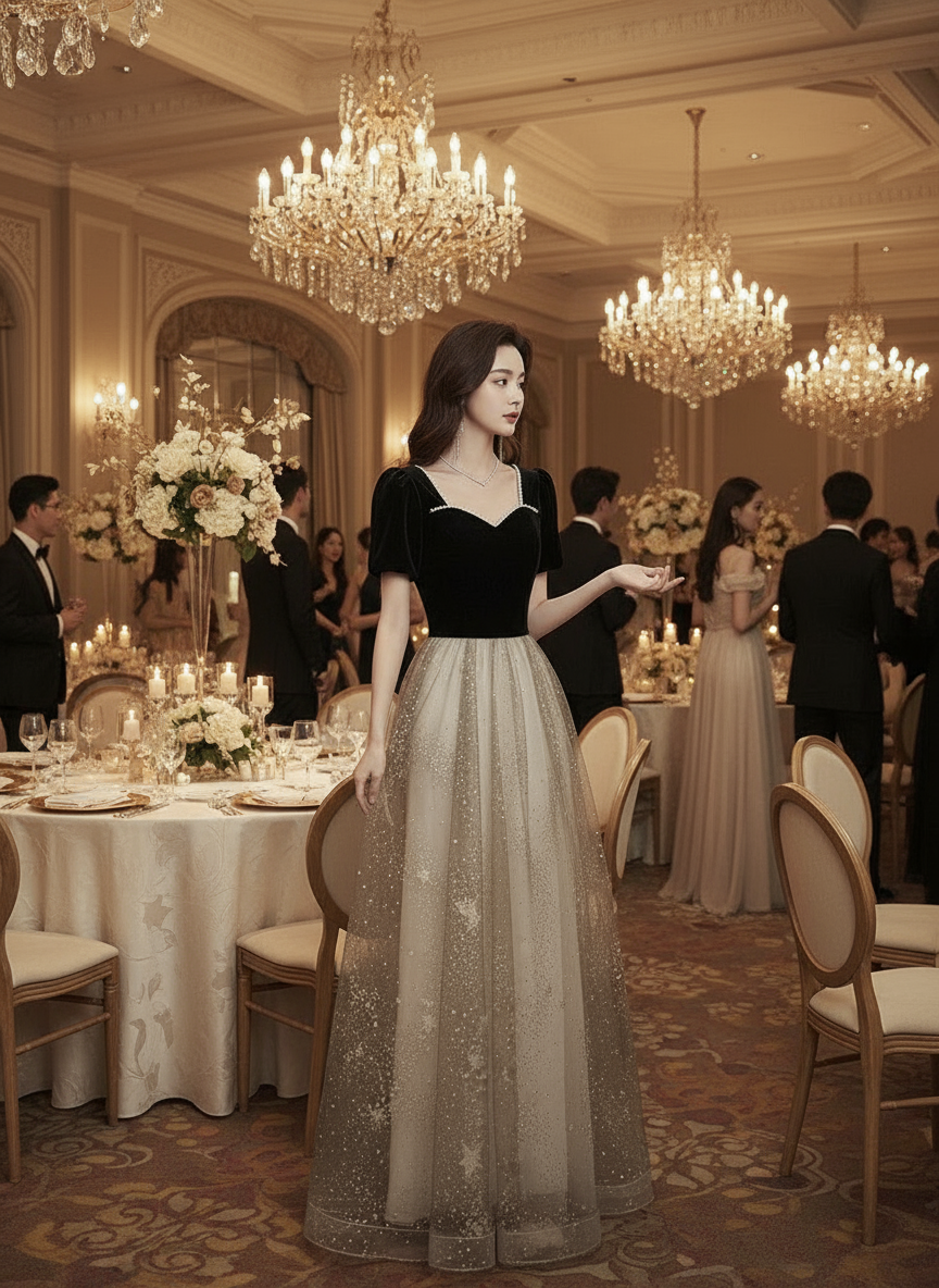 Elegant French Light Luxury Black Evening Dress for Women | Glamorous Formal Gown