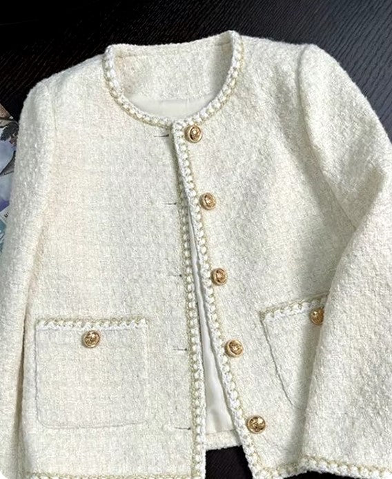 chic white tweed jacket -women short beige coat