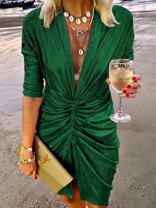 Evening Wear Deep V Neck Draped Silk Party Dress