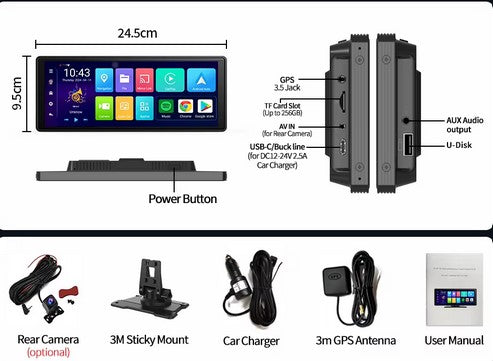 Premium CarPlay & Android Auto Car DVR GPS U Disk Bluetooth AUX FM Rearview Mirror Video Recorder