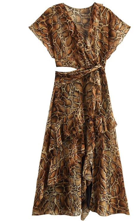 Women front slit cut-out animal print ruffled midi dress