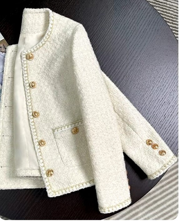 chic white tweed jacket -women short beige coat