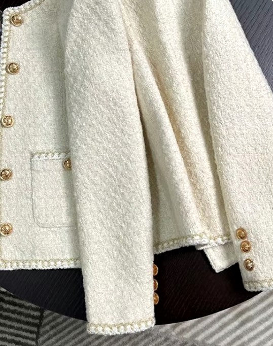 chic white tweed jacket -women short beige coat