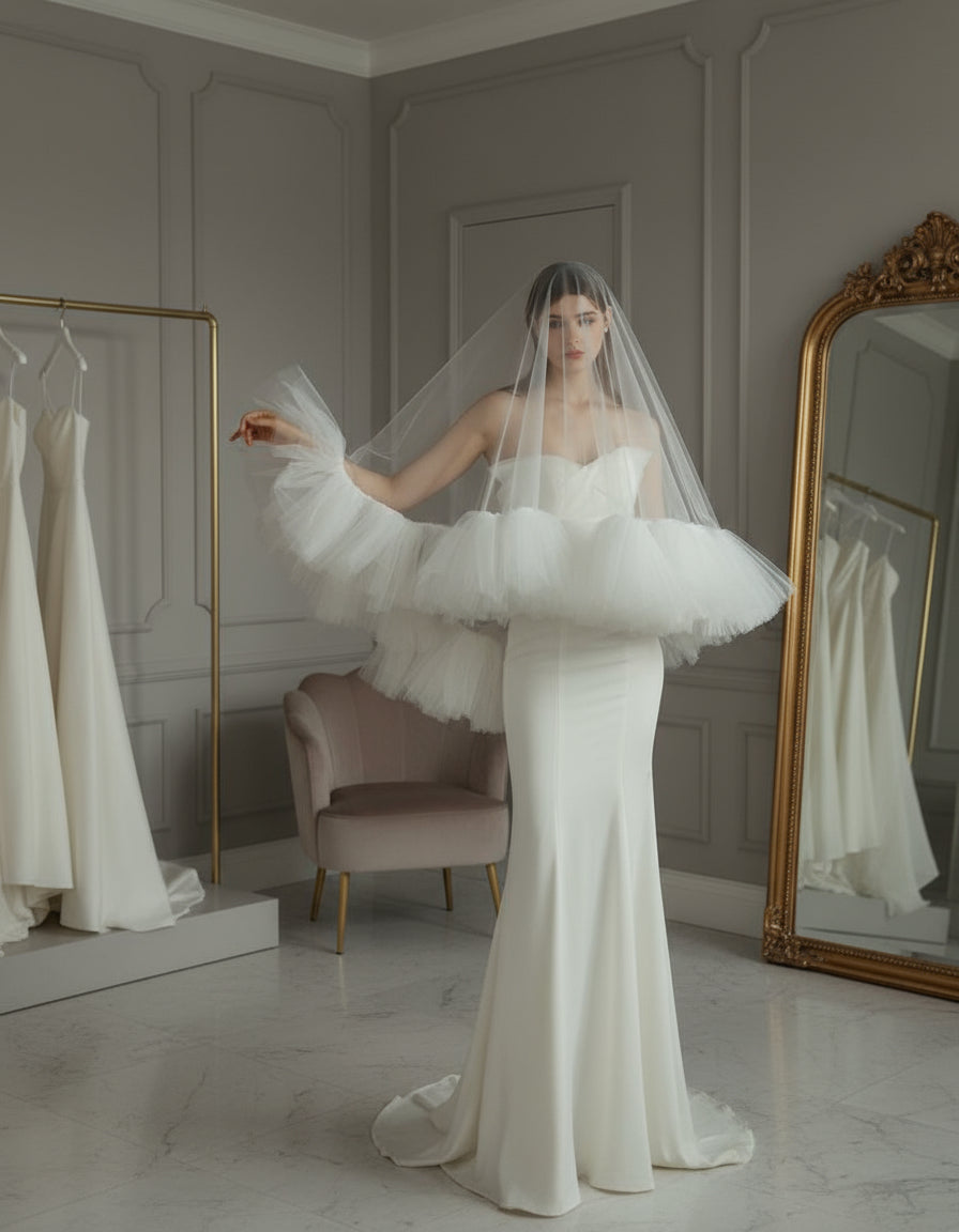 Heavy White Ruffled Bridal Veil – Double Layer Puffy Tulle, Soft Wedding Veil for Studio & Outdoor Photography