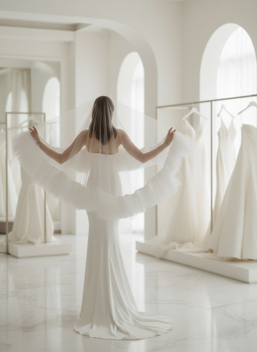 Heavy White Ruffled Bridal Veil – Double Layer Puffy Tulle, Soft Wedding Veil for Studio & Outdoor Photography